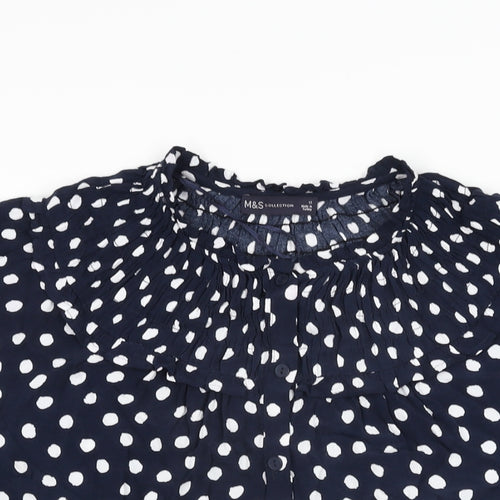 Marks and Spencer Womens Blue Polka Dot Viscose Basic Button-Up Size 12 Round Neck