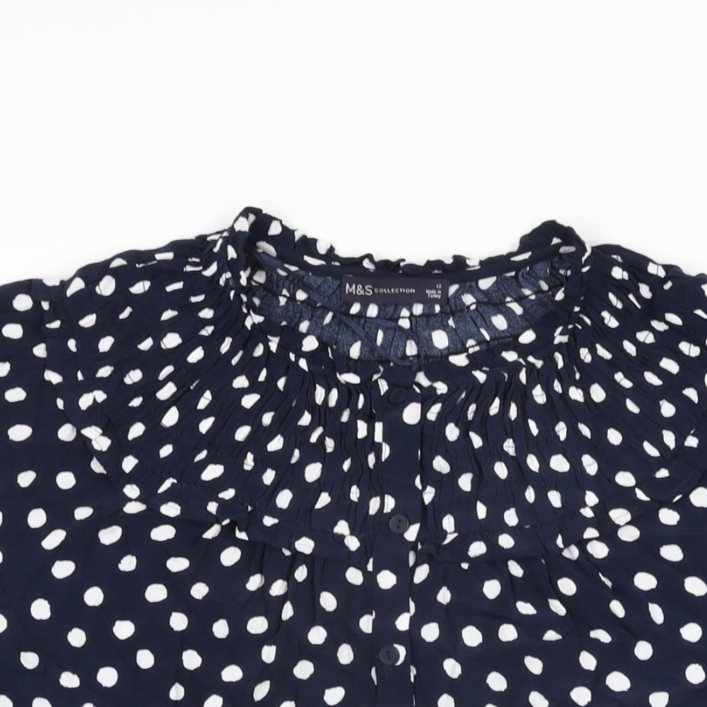 Marks and Spencer Womens Blue Polka Dot Viscose Basic Button-Up Size 12 Round Neck