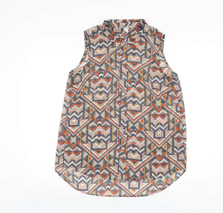 H&M Womens Multicoloured Geometric Polyester Basic Button-Up Size 8 Collared