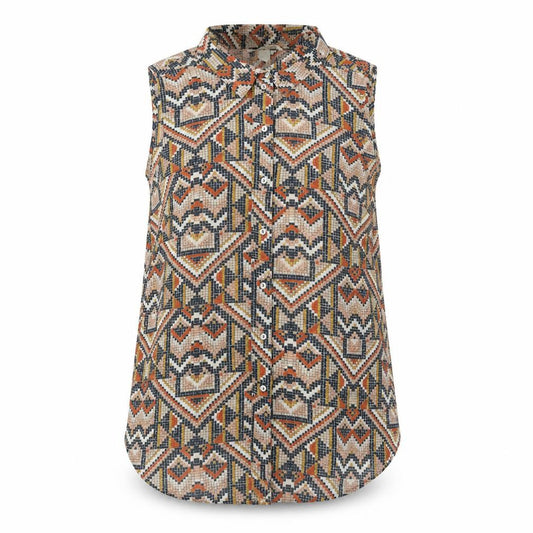 Front view of H&M women’s multicoloured geometric polyester basic button-up, size UK 8, collared