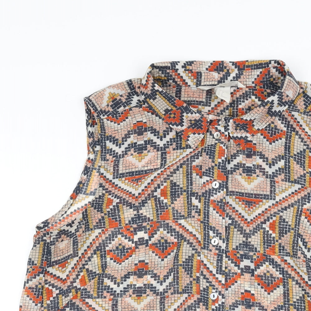 H&M Womens Multicoloured Geometric Polyester Basic Button-Up Size 8 Collared