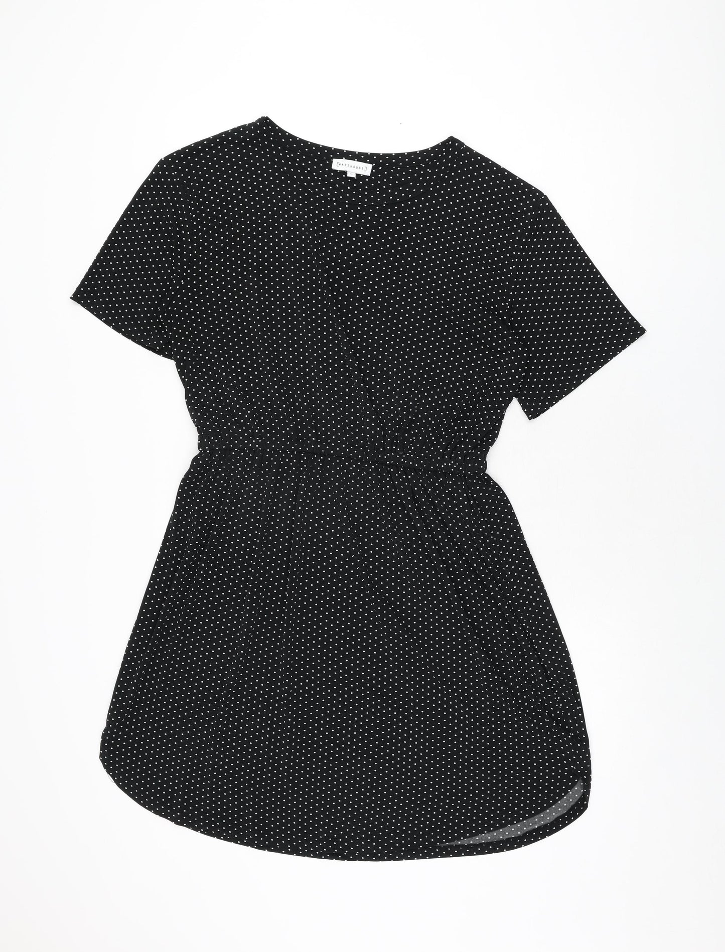 Warehouse Womens Black Polka Dot Polyester Skater Dress Size 12 Round Neck Pullover