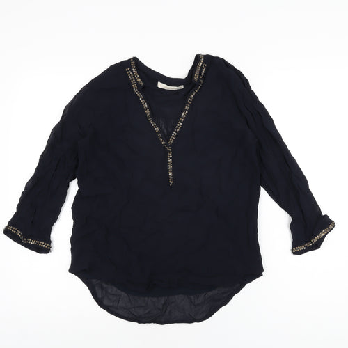Zara Womens Blue Polyester Basic Blouse Size M V-Neck