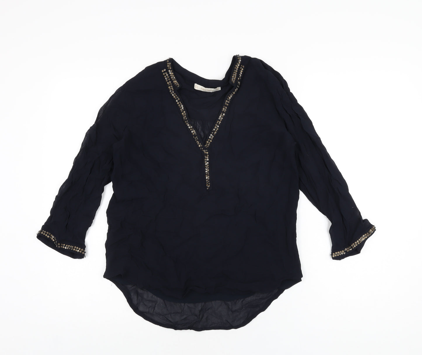 Zara Womens Blue Polyester Basic Blouse Size M V-Neck