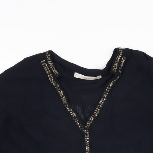 Zara Womens Blue Polyester Basic Blouse Size M V-Neck