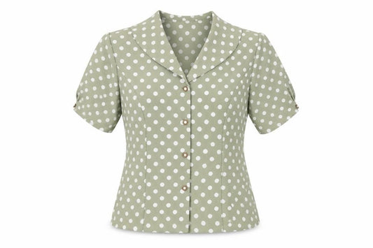 Front view of OPUS women’s green polka dot polyester basic button-up, size UK 12, collared