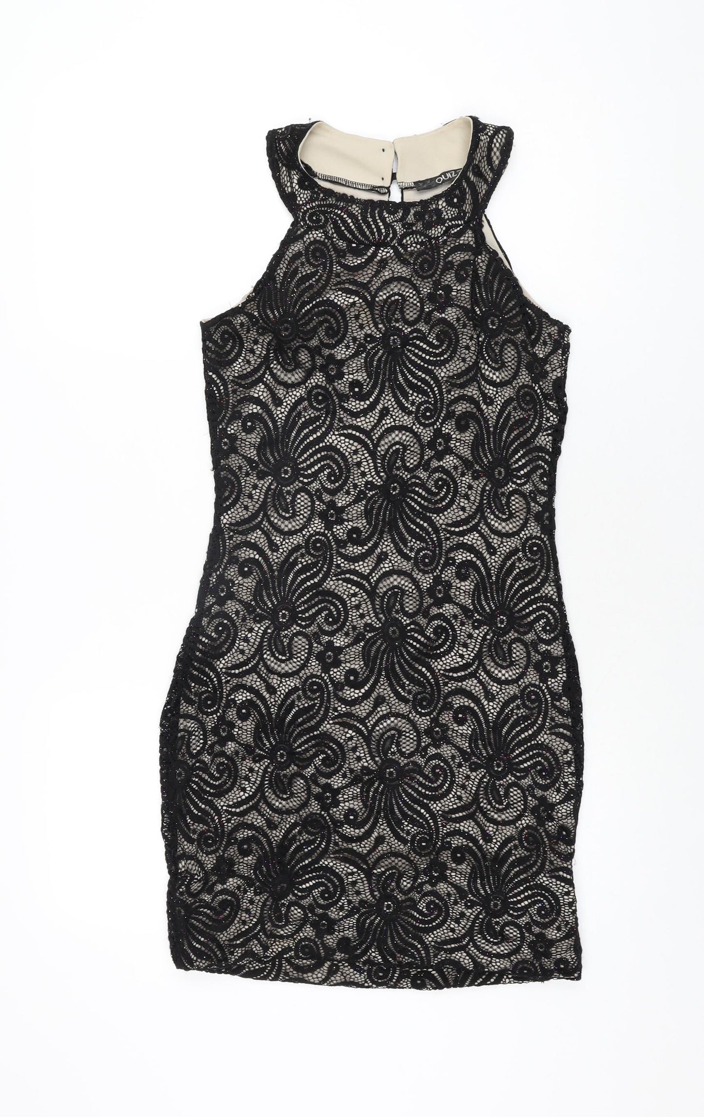 Quiz Womens Black Floral Polyester Bodycon Size 10 Round Neck Button