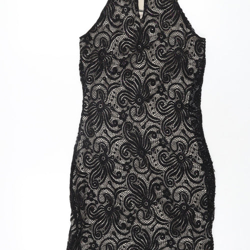 Quiz Womens Black Floral Polyester Bodycon Size 10 Round Neck Button