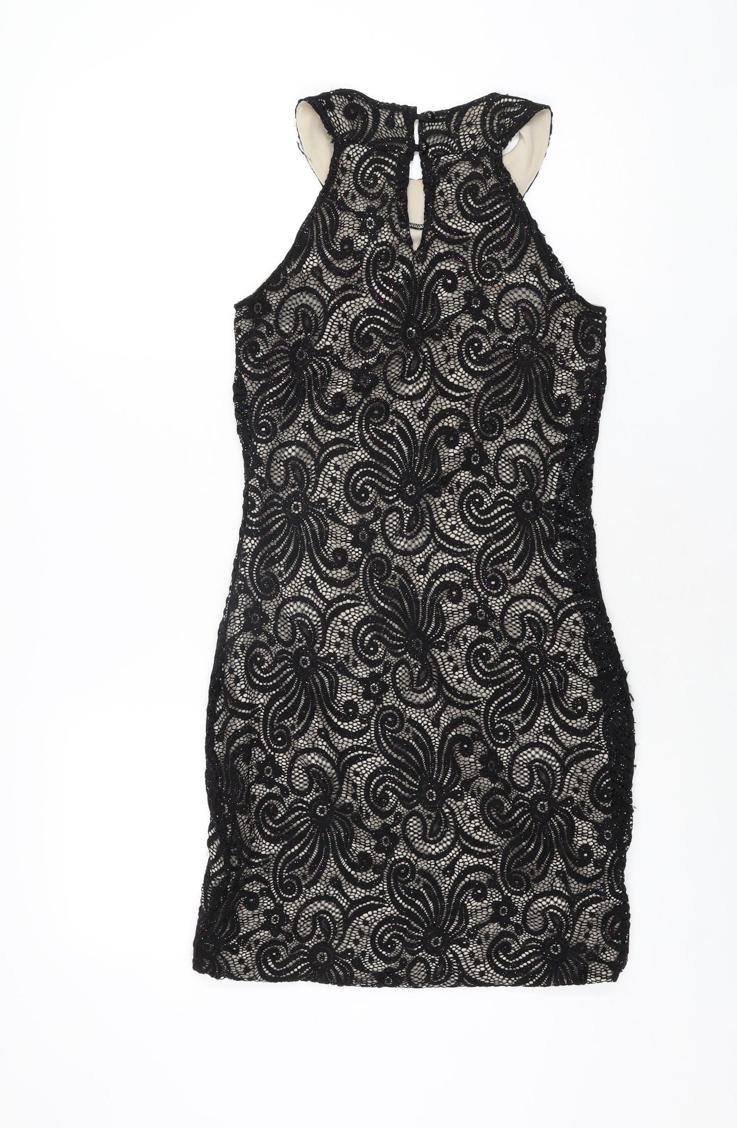 Quiz Womens Black Floral Polyester Bodycon Size 10 Round Neck Button