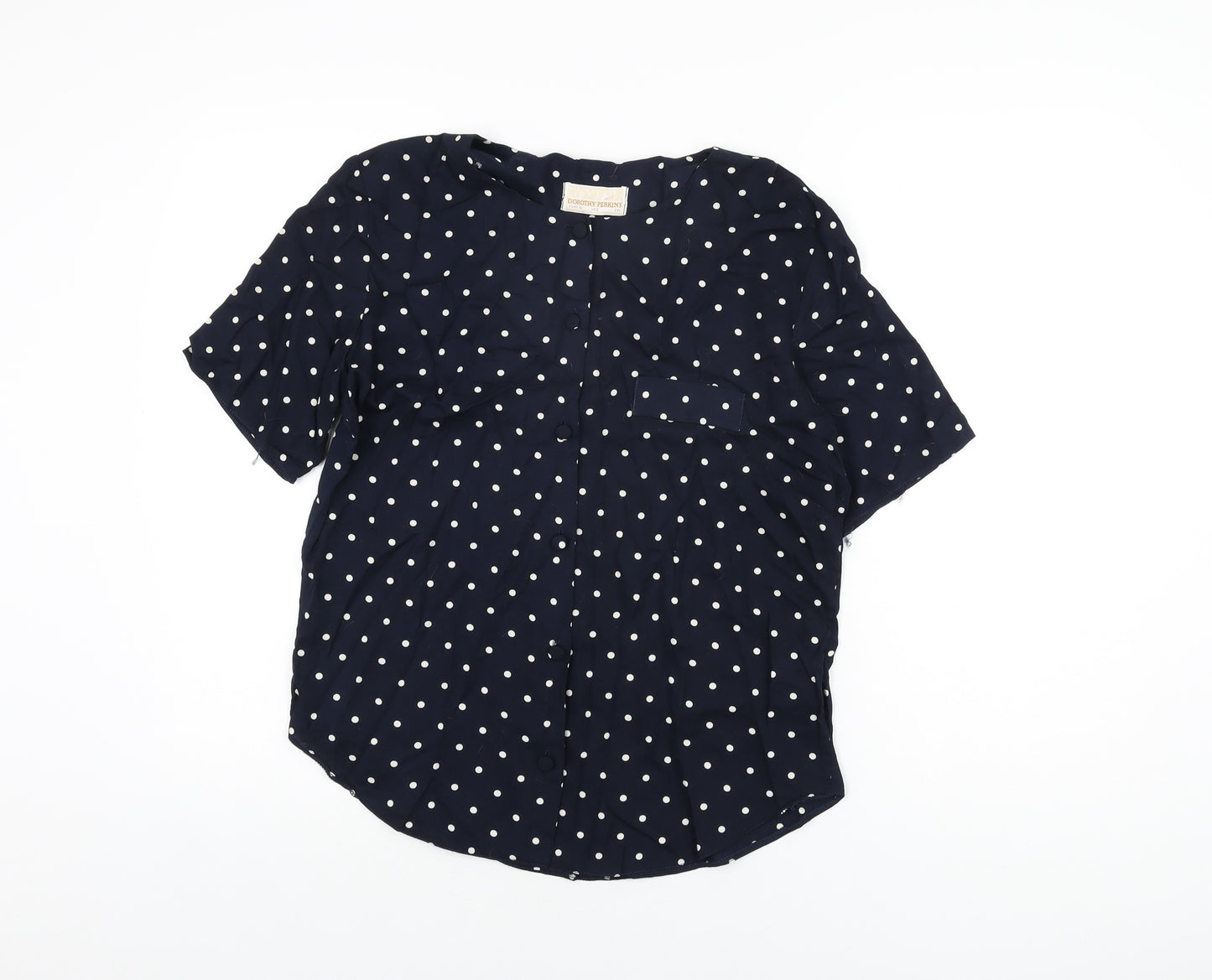Dorothy Perkins Womens Blue Polka Dot Viscose Basic Button-Up Size 10 Round Neck