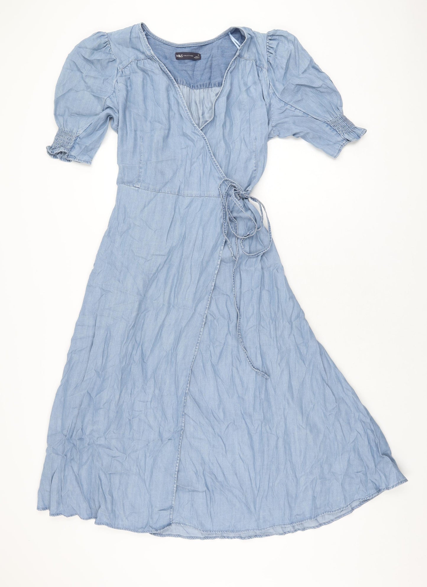 Marks and Spencer Womens Blue Lyocell Wrap Dress Size 12 V-Neck Tie