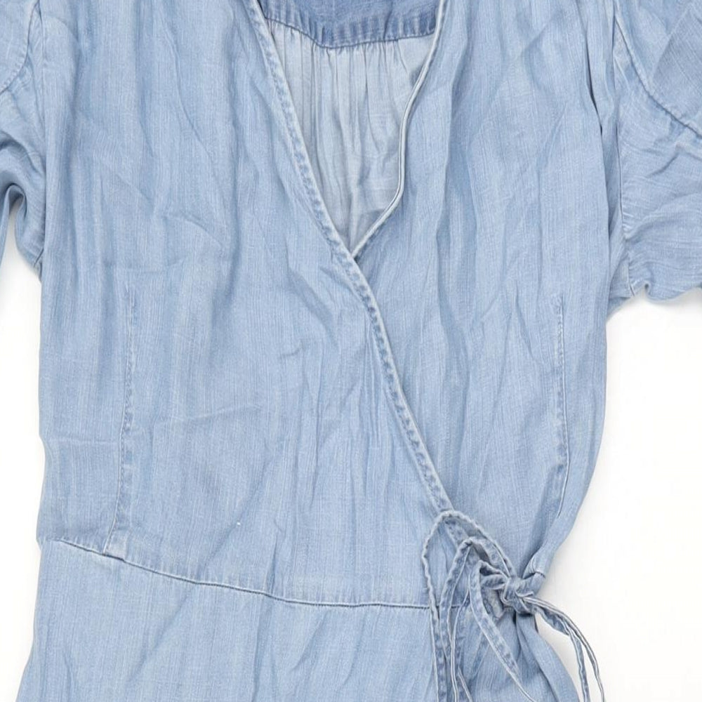 Marks and Spencer Womens Blue Lyocell Wrap Dress Size 12 V-Neck Tie