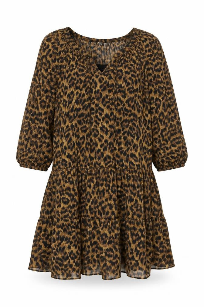 Front view of Sonder Studio women’s brown animal print polyester shift, size UK 12, round neck pullover - leopard print