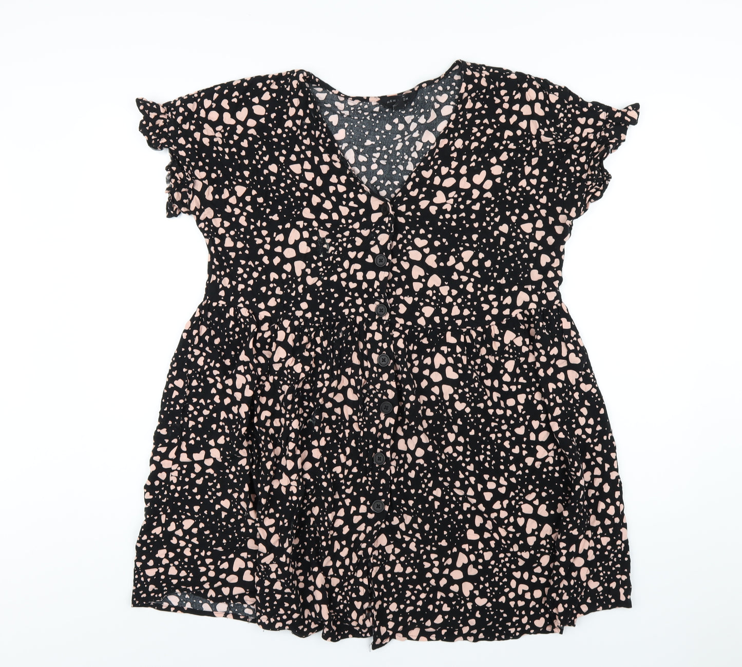 New Look Womens Black Geometric Viscose A-Line Size 12 V-Neck Button