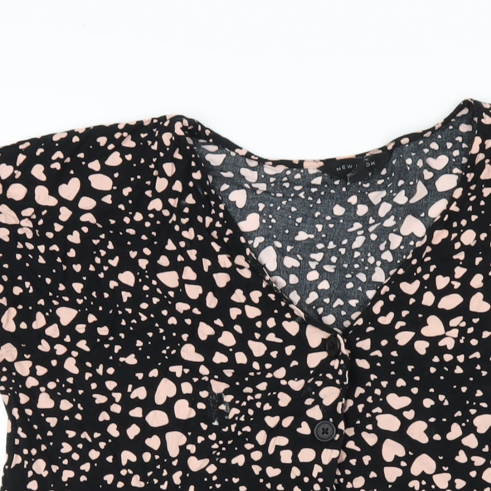 New Look Womens Black Geometric Viscose A-Line Size 12 V-Neck Button