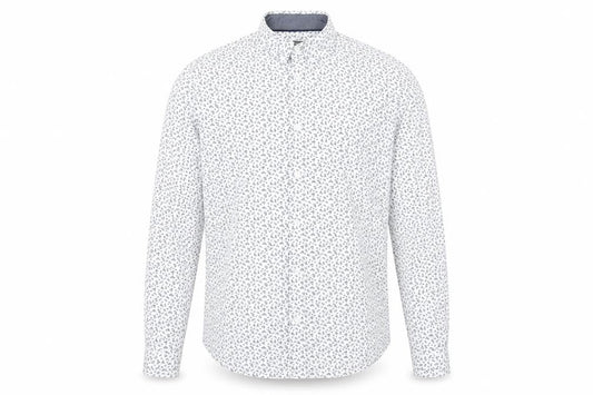 Front view of Max men’s white geometric cotton button-up, size M, collared button