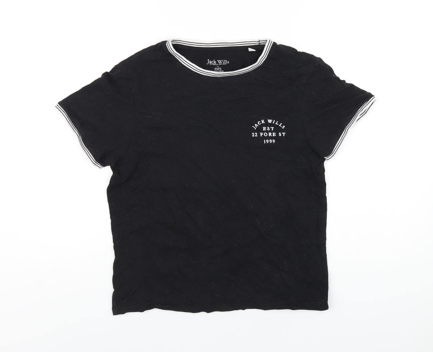 Jack Wills Womens Black Cotton Basic T-Shirt Size 14 Round Neck