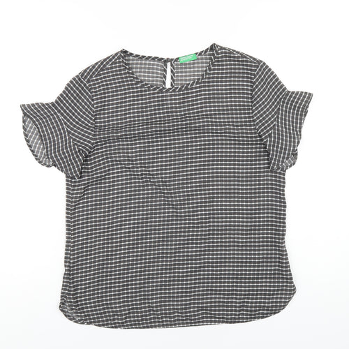 United Colors of Benetton Womens Grey Check Polyester Basic T-Shirt Size S Round Neck
