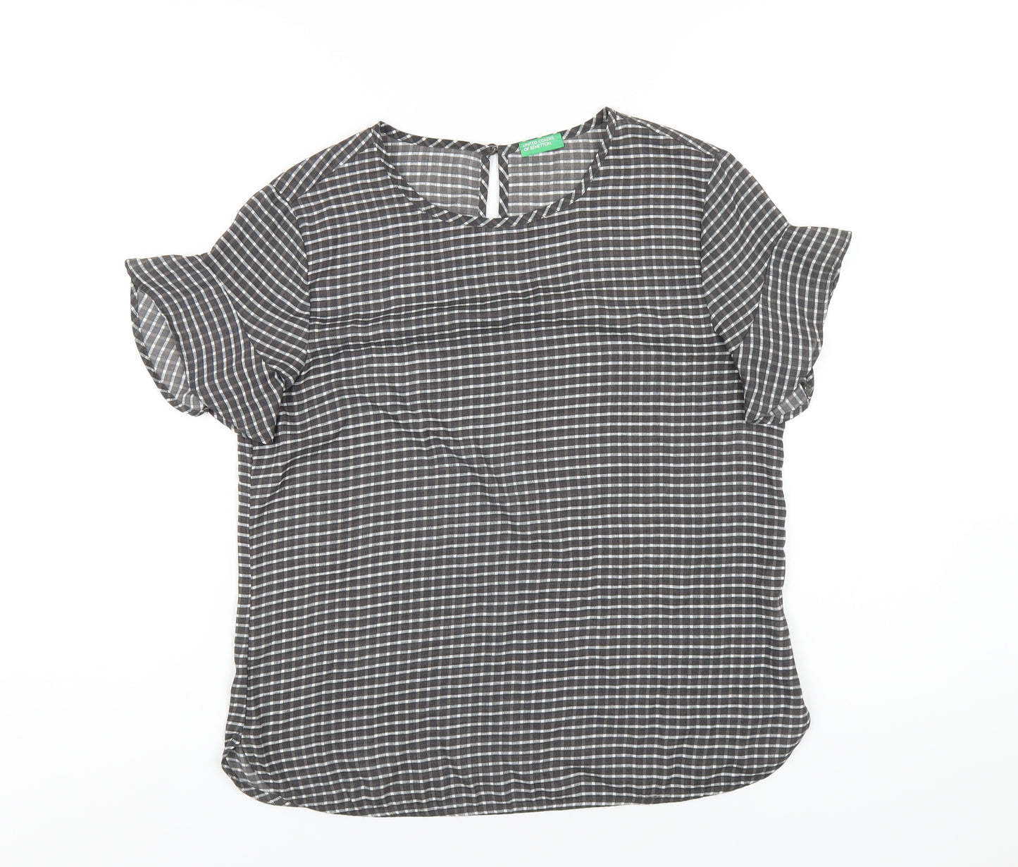 United Colors of Benetton Womens Grey Check Polyester Basic T-Shirt Size S Round Neck
