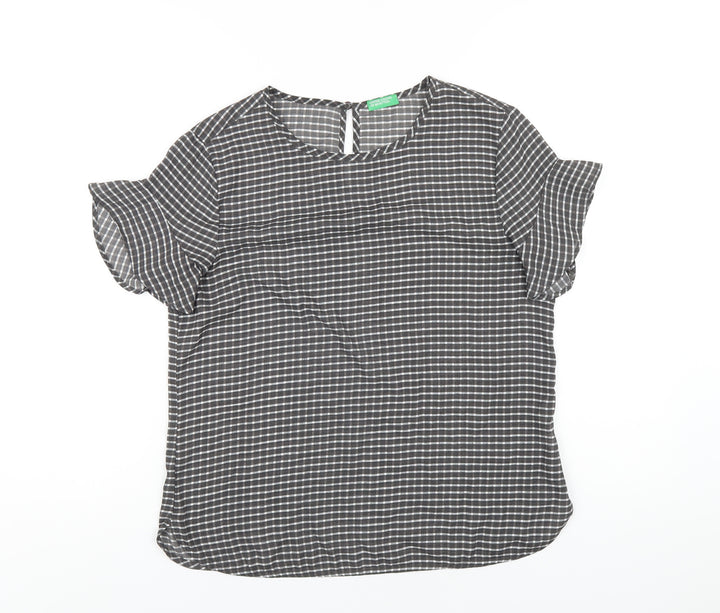 United Colors of Benetton Womens Grey Check Polyester Basic T-Shirt Size S Round Neck