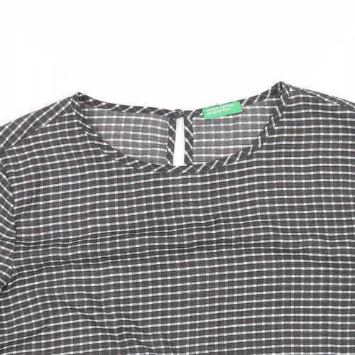 United Colors of Benetton Womens Grey Check Polyester Basic T-Shirt Size S Round Neck