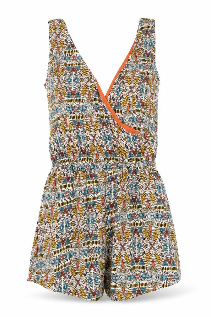 Front view of Ambiance women’s multicoloured geometric vinyl playsuit one-piece, size S, pullover