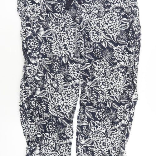 Marks and Spencer Womens Blue Floral Linen Trousers Size 8 L31 in Regular Drawstring