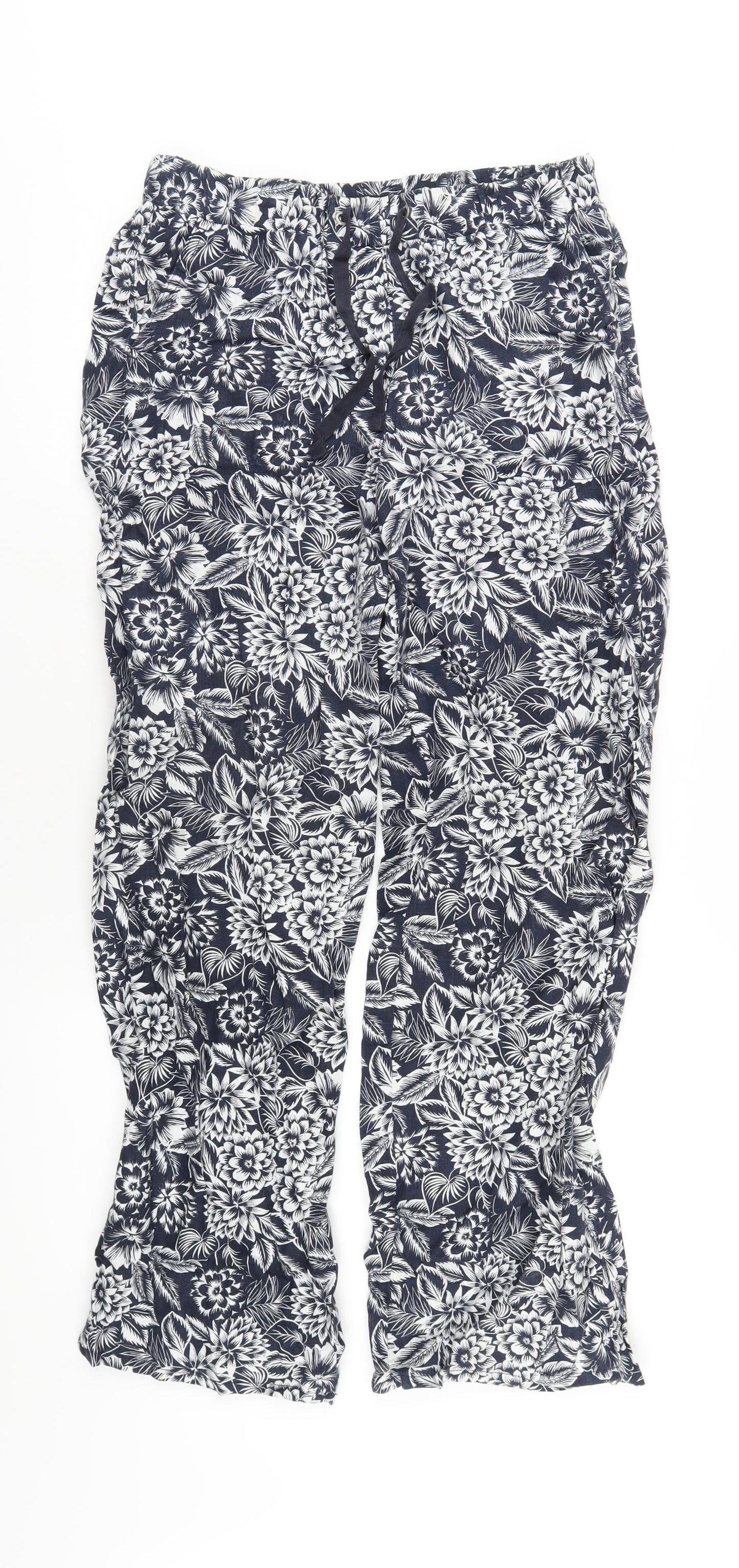 Marks and Spencer Womens Blue Floral Linen Trousers Size 8 L31 in Regular Drawstring