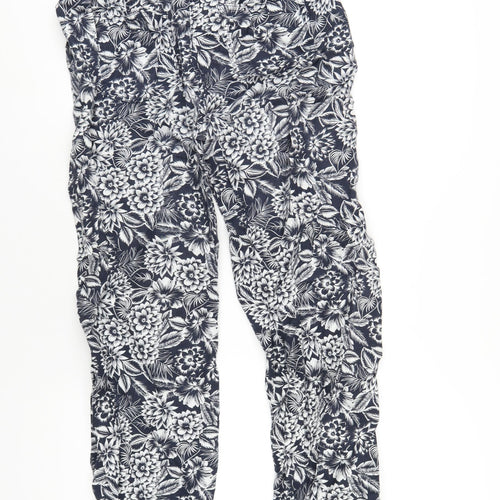 Marks and Spencer Womens Blue Floral Linen Trousers Size 8 L31 in Regular Drawstring