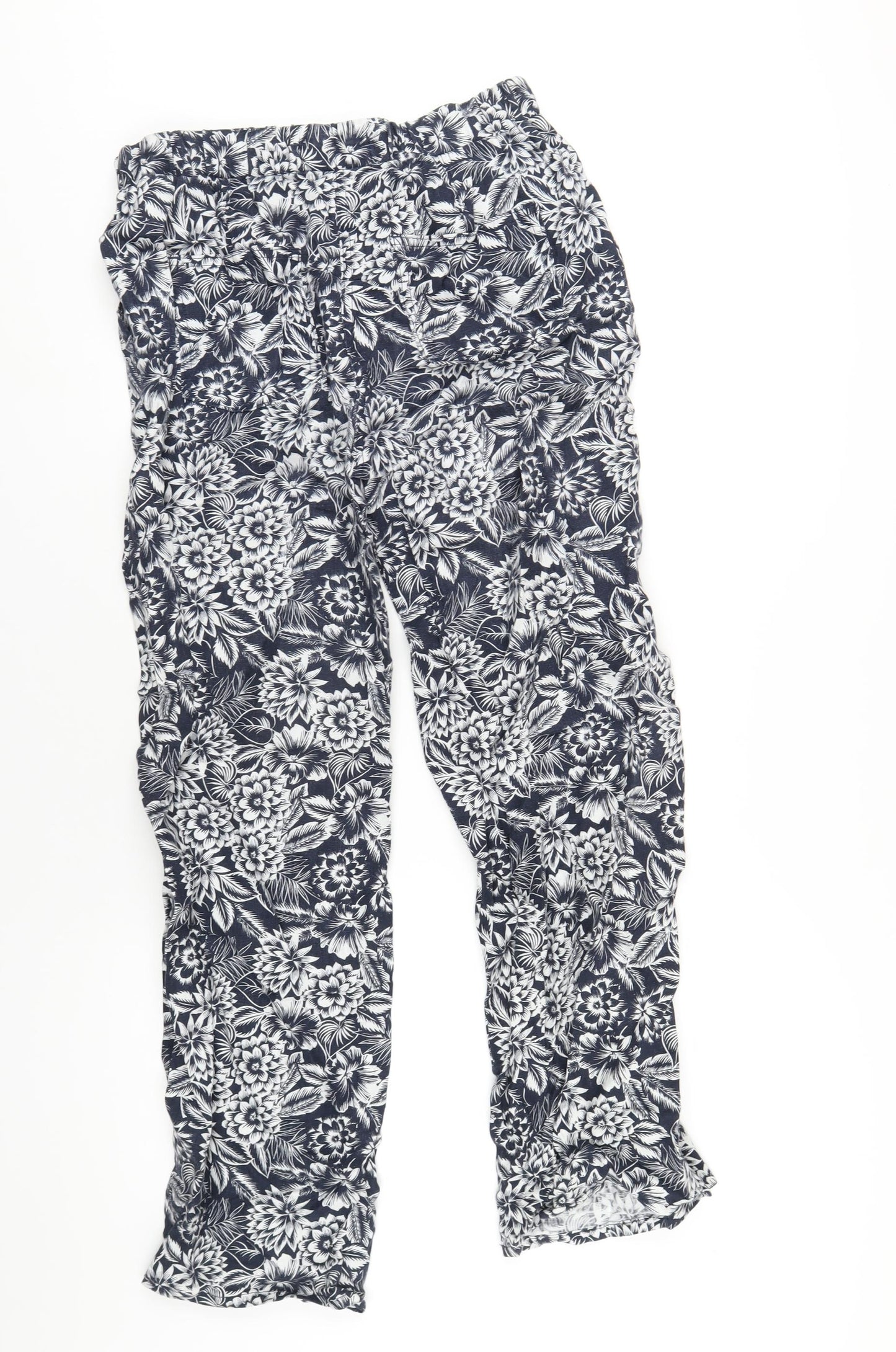 Marks and Spencer Womens Blue Floral Linen Trousers Size 8 L31 in Regular Drawstring