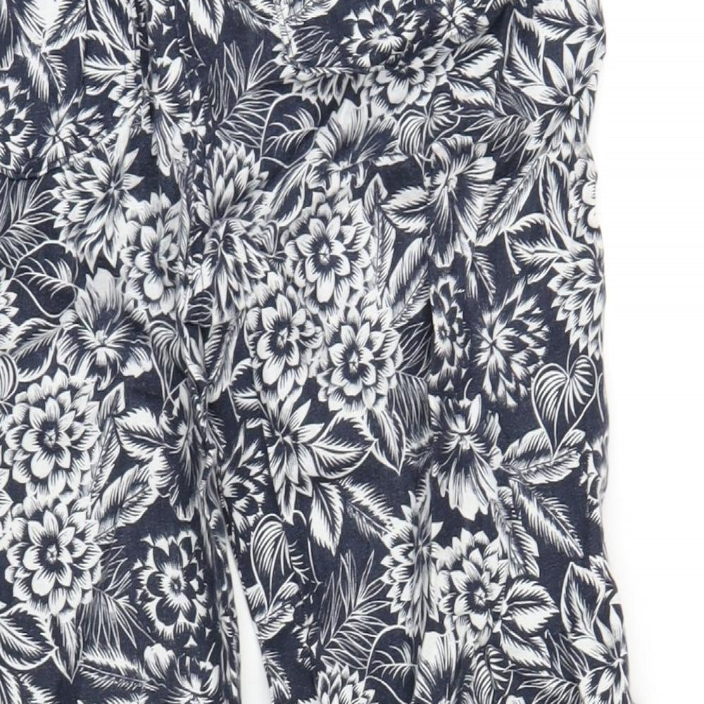 Marks and Spencer Womens Blue Floral Linen Trousers Size 8 L31 in Regular Drawstring