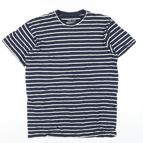 Boohoo Mens Blue Striped Cotton T-Shirt Size S Round Neck