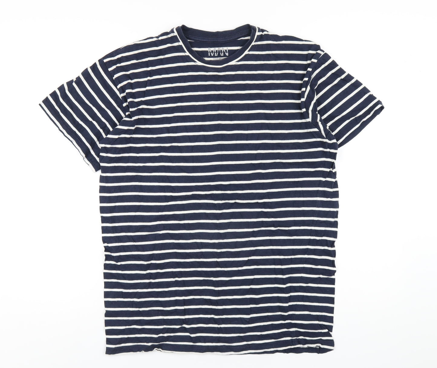 Boohoo Mens Blue Striped Cotton T-Shirt Size S Round Neck