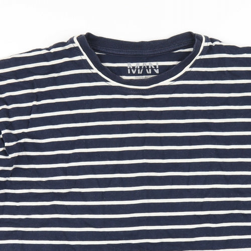 Boohoo Mens Blue Striped Cotton T-Shirt Size S Round Neck