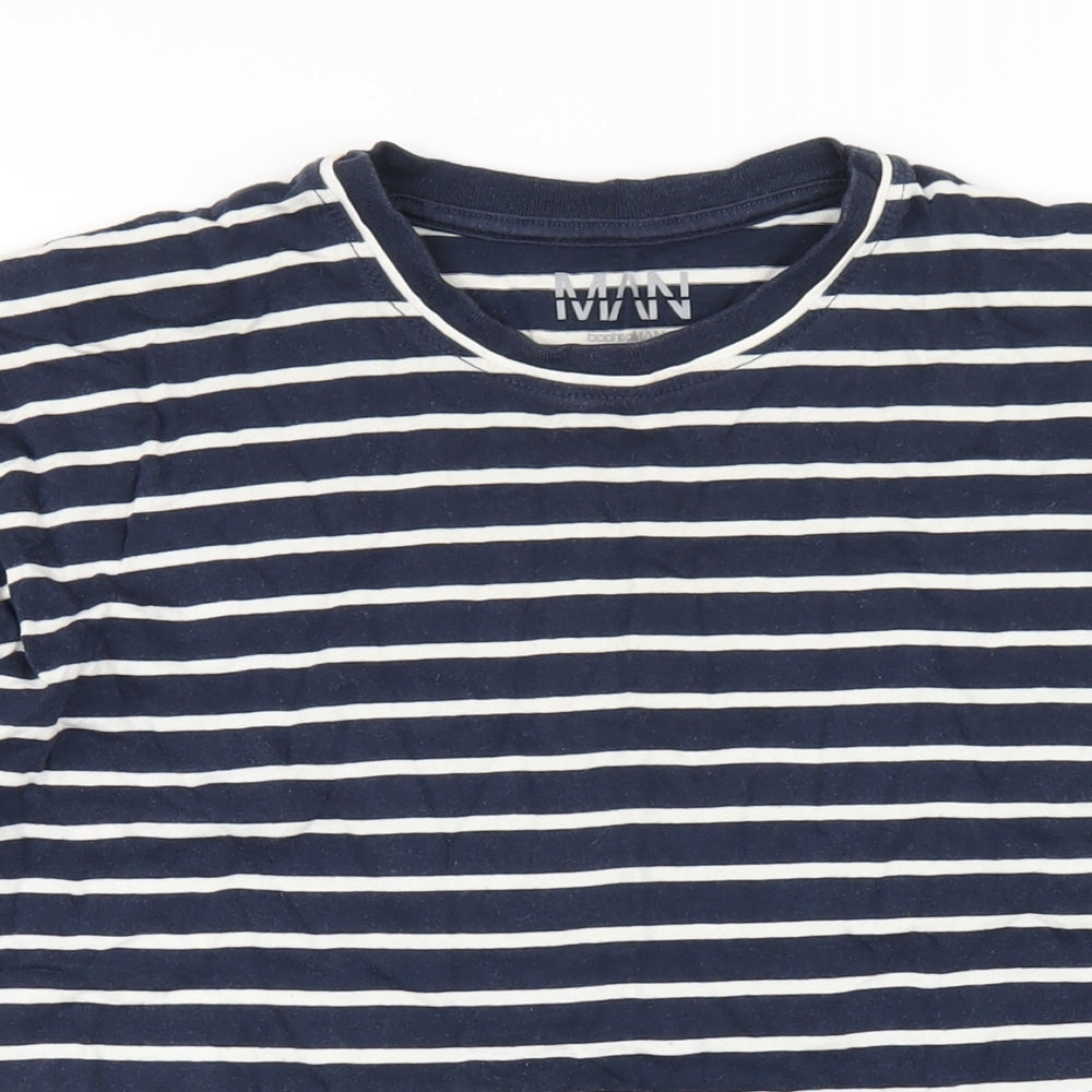 Boohoo Mens Blue Striped Cotton T-Shirt Size S Round Neck