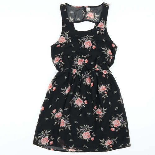 H&M Womens Black Floral Polyester A-Line Size 8 Scoop Neck Pullover