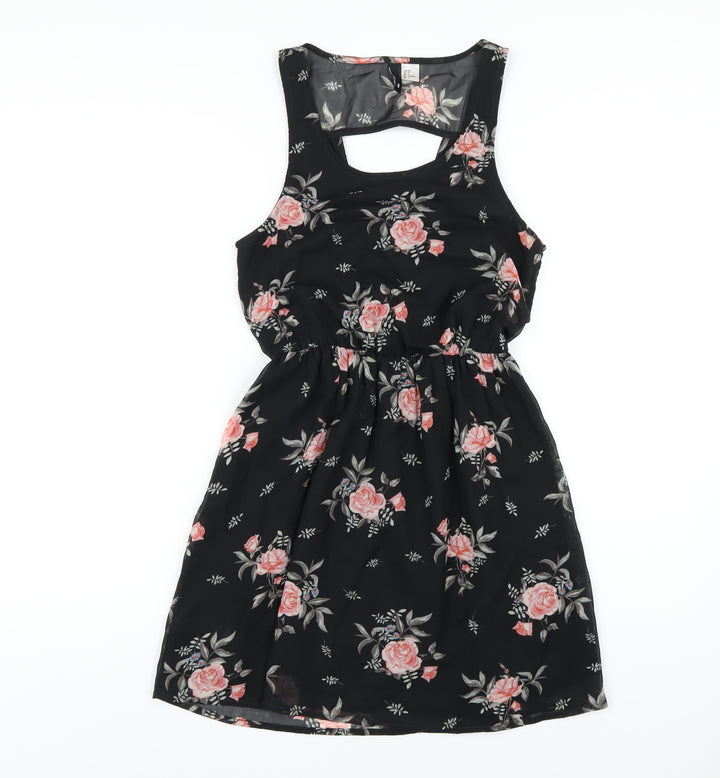 H&M Womens Black Floral Polyester A-Line Size 8 Scoop Neck Pullover