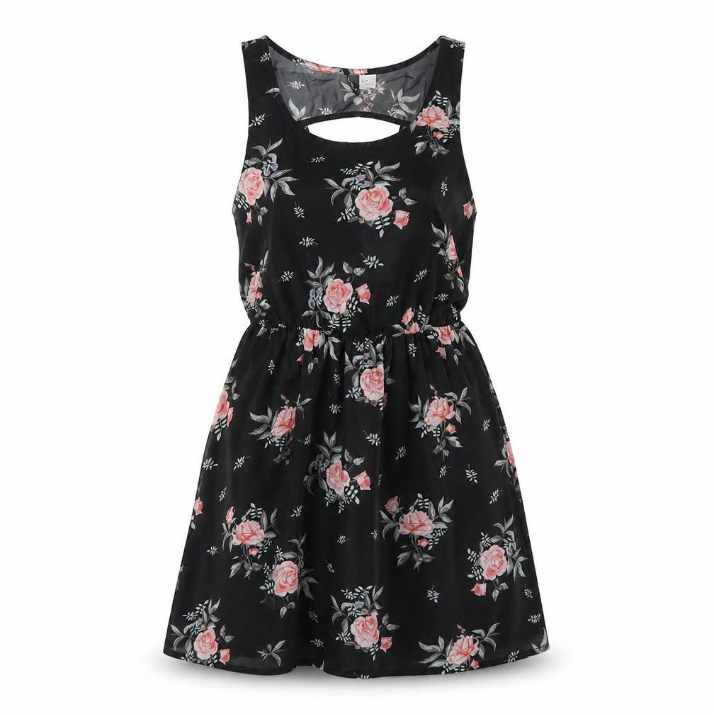 Front view of H&M women’s black floral polyester a-line, size UK 8, scoop neck pullover