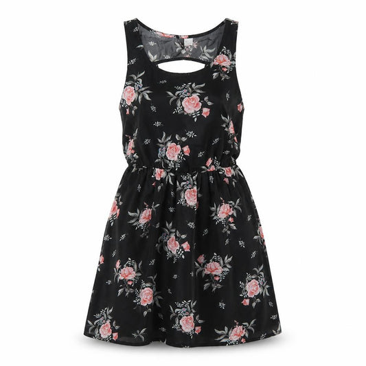 Front view of H&M women’s black floral polyester a-line, size UK 8, scoop neck pullover