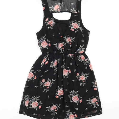 H&M Womens Black Floral Polyester A-Line Size 8 Scoop Neck Pullover