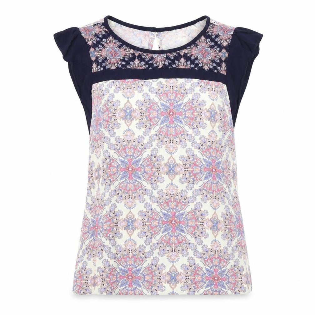 Front view of Oasis women’s multicoloured geometric viscose basic t-shirt, size UK 10, round neck