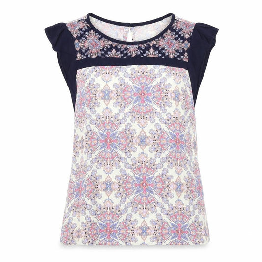 Front view of Oasis women’s multicoloured geometric viscose basic t-shirt, size UK 10, round neck