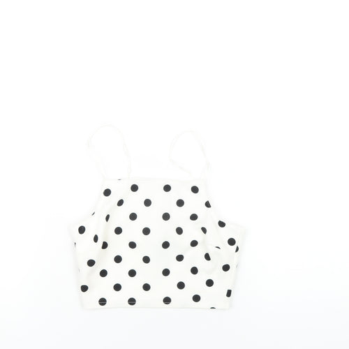 New Look Womens White Polka Dot Polyester Cropped T-Shirt Size 6 Square Neck
