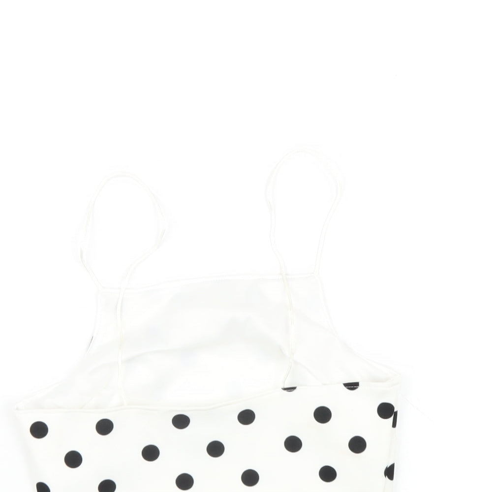 New Look Womens White Polka Dot Polyester Cropped T-Shirt Size 6 Square Neck