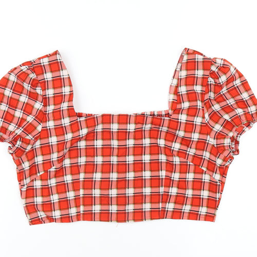 Boohoo Womens Red Plaid Polyester Cropped T-Shirt Size 12 Square Neck