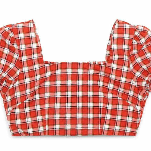 Boohoo Womens Red Plaid Polyester Cropped T-Shirt Size 12 Square Neck