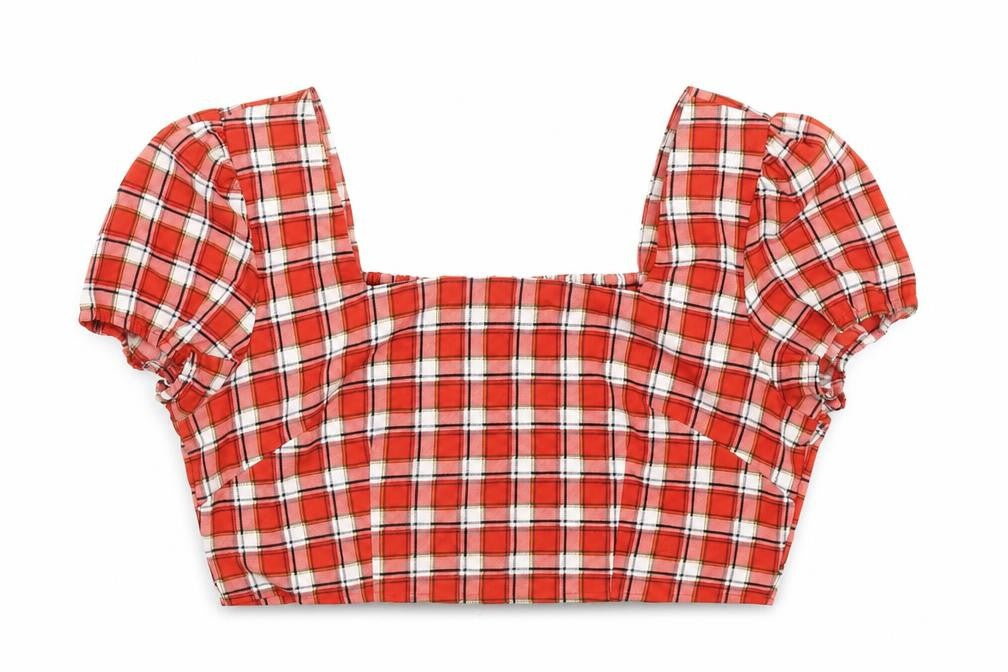 Boohoo Womens Red Plaid Polyester Cropped T-Shirt Size 12 Square Neck
