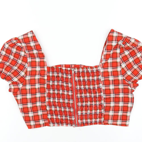 Boohoo Womens Red Plaid Polyester Cropped T-Shirt Size 12 Square Neck