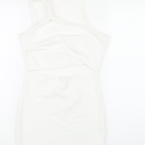 PRETTYLITTLETHING Womens White Polyester Bodycon Size 10 Mock Neck Pullover - Cut Out Twist Front