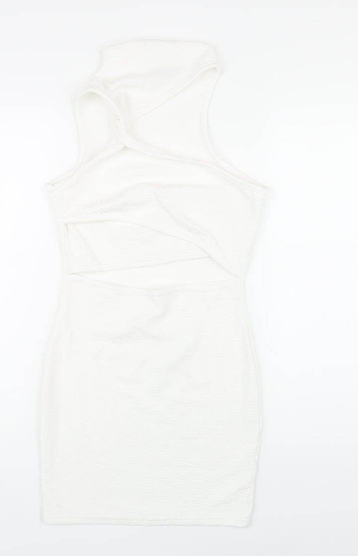 PRETTYLITTLETHING Womens White Polyester Bodycon Size 10 Mock Neck Pullover - Cut Out Twist Front